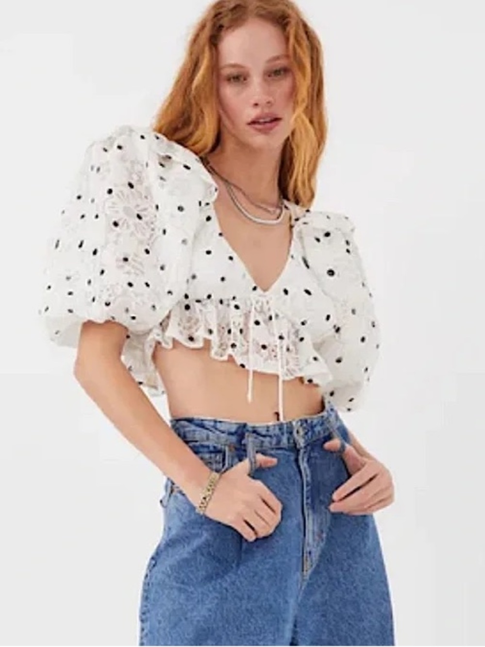 Love & Lemons Polka Dot Puff Sleeve Crop Top Size XS